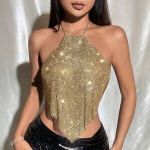 Women's Metal Mesh & Rhinestone Diamond Detail Halter Neck Top New Year